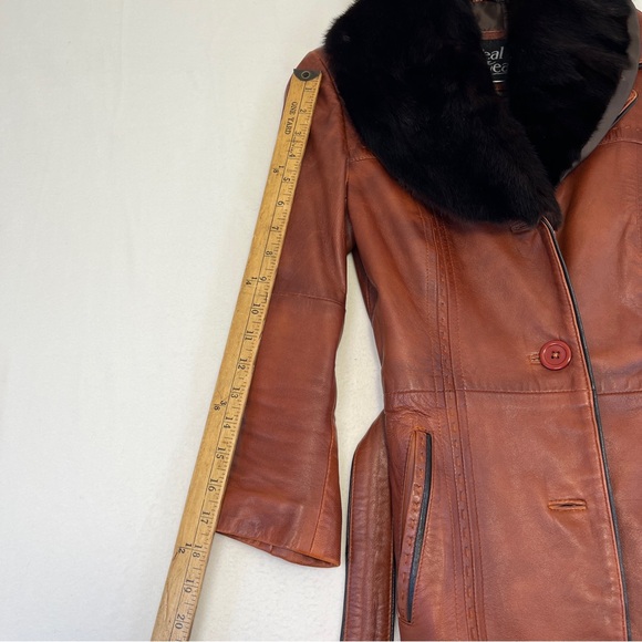 Real leather brown vintage jacket with detachable fur collar xxs - Picture 8 of 12